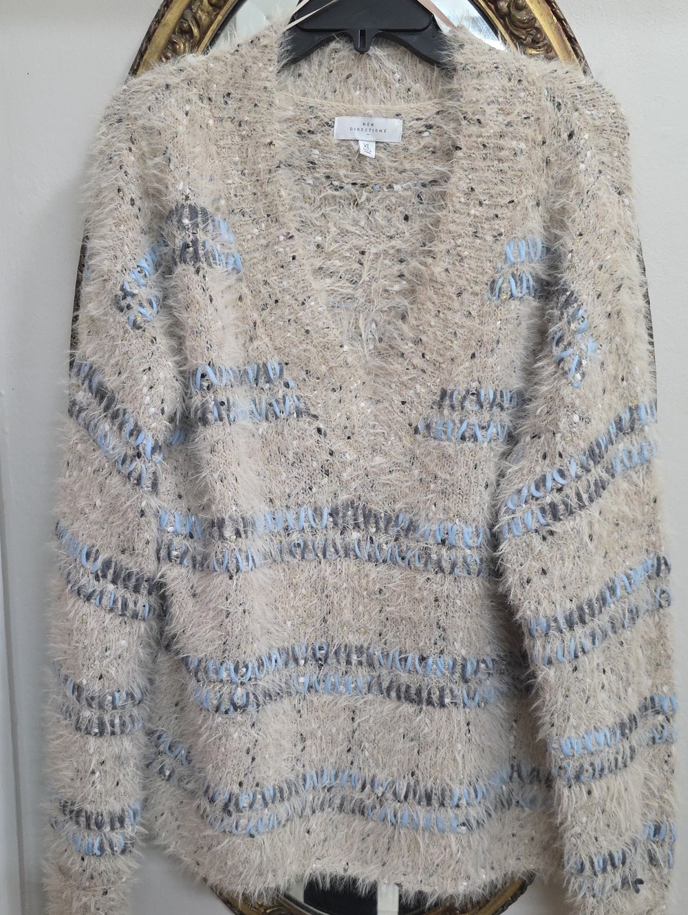 New Direction Beige Blue Eyelash Knit Sweater Gold Fuzzy Boxy Size XL